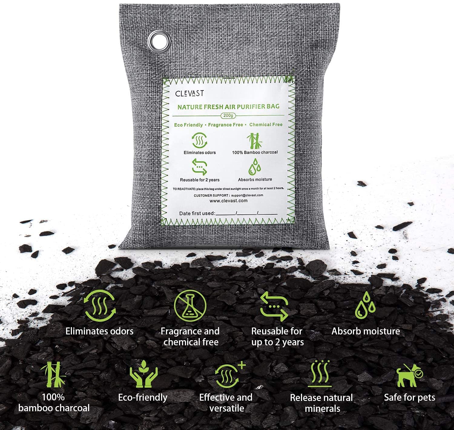 CLEVAST Bamboo Charcoal Air Purifying Bags (Large, 4×200g), Removes Odors and Moisture, Nature Fresh Air Purifier Bags, Odor Eliminator for Home, Car, Pets, Bathroom, Basement