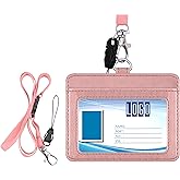 Wisdompro 2-Sided PU Leather ID Badge Holder with 1 ID Window and 1 Card Slot and 1 Piece 22 Inch Polyester Detachable Neck Lanyard Strap (Holds 3 to 4 Cards) - Horizontal (Rose Gold)
