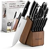 Fikshot Knife Set 14-Piece Ultra-Sharp Full Tang Chef Knives with Block and Sharpener, High-Carbon Steel Black Handle for Kitchens, BBQs and Feasts, Rust-Resistant, Dishwasher-Safe, Gift for Chefs