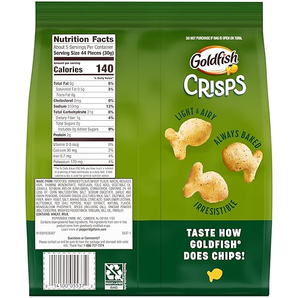 GOLDFISH CRISPS SPICY DILL PICKLE FLAVORED BAKED CHIP CRACKERS, 6.25 OZ BAG