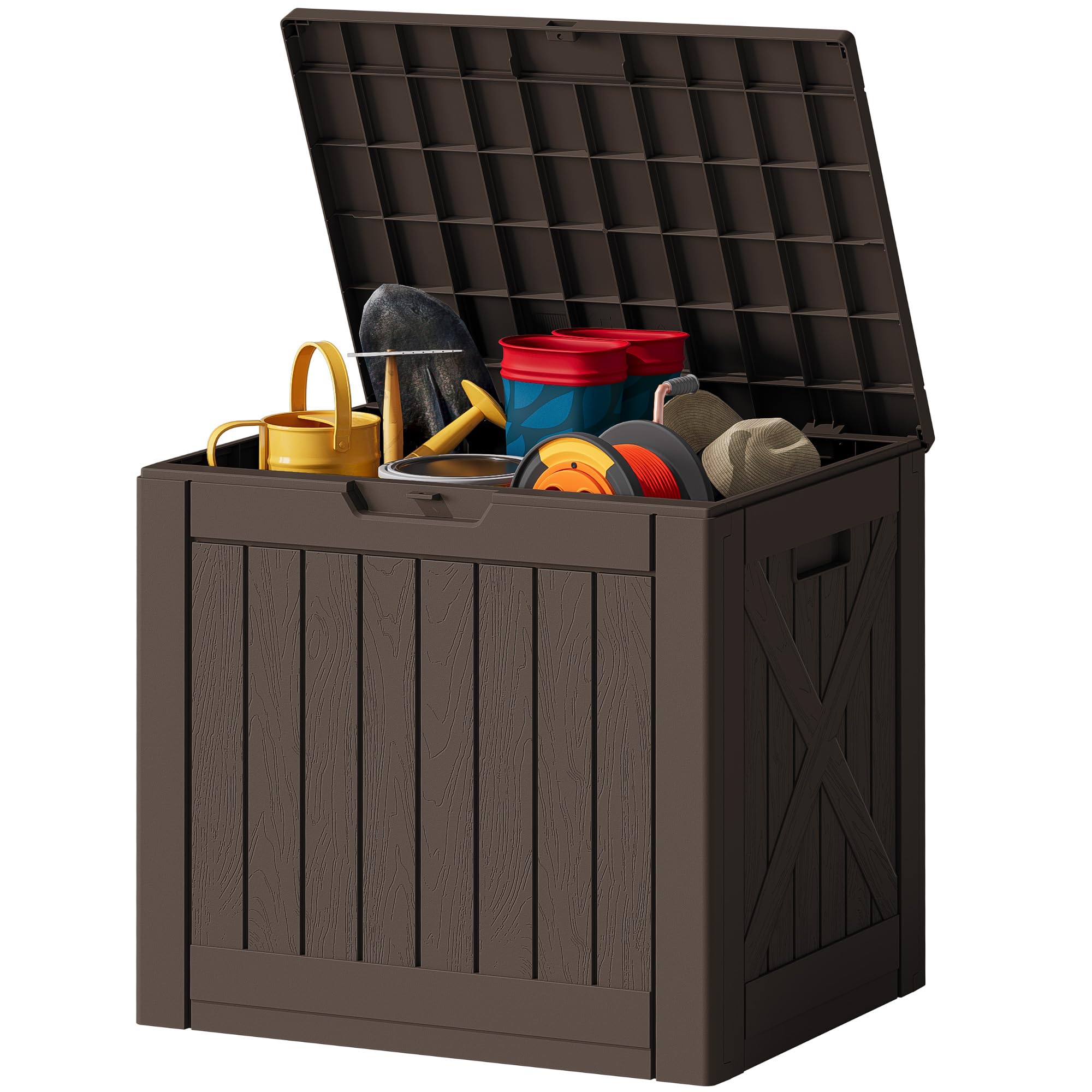 JUMMICO 42 Gallon Deck Box Waterproof, Resin Outdoor Storage Box with Side Handles, Outdoor Storage Benches Lockable for Patio Cushions and Garden Tools (Brown) Image