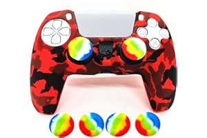 ASOKEX Skin for PS5 Controller Grips, Silicone Case Cover for PlayStation 5 Anti-Slip Protector with 4pcs Thumb Joysticks Caps (4caps red Camouflage)