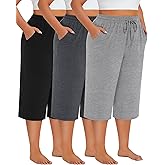 Neer 3 Pack Women's Plus Size Cotton Capris, Stretchy Wide Leg Cropped Pants with Pockets Loose Lounge Pajama Sweatpants