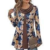 Bebonnie Womens Long Sleeve Cowl Neck Warm Splicing Tunic Tops with Buttons