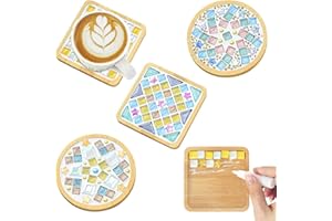 ASTNIC 4 Sets DIY Mosaic Tiles for Crafts, Mixed Color Stained Glass with Bamboo Mosaic Tiles Coaster Making Kit for Drinks T
