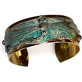Elaine Coyne Collectible Artwear Verdigris Patina Solid Brass Decorative Dragonfly Cuff - Genuine Garnet