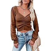 PRETTYGARDEN Fall Long Sleeve Cropped Sweaters for Women 2024 Off The Shoulder V Neck Ruched Ribbed Knit Going Out Tops