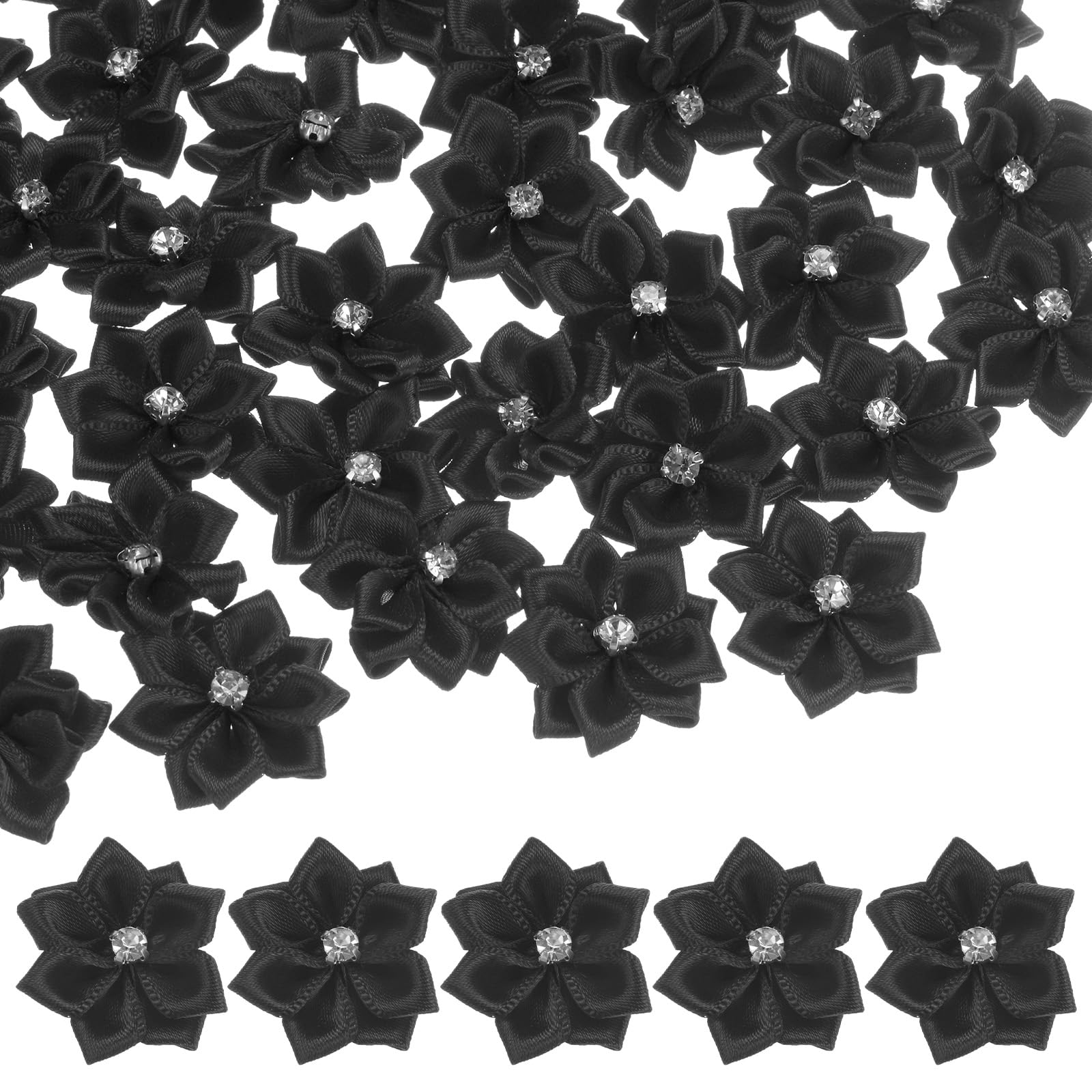 M METERXITY 150-pack Satin Ribbon Flowers, 1.2 Inch Mini Fabric Flowers with Rhinestones Flower Ribbon Appliques for Crafts DIY/Wedding/Ornament/Party/Home [Black]