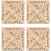 BSYMDH 4PCS Wooden Carved Appliques Onlays Carving Checkered Applique Wood Square Carving Decal for Bed Door Cabinet Mirror Fireplace Wardrobe Furniture Decoration,09(6x6cm/2.36"x2.36")