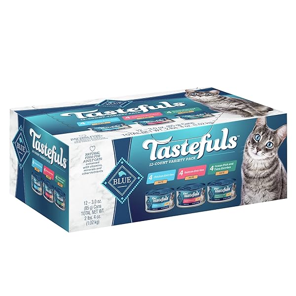 BLUE BUFFALO TASTEFULS NATURAL PATE WET CAT FOOD VARIETY PACK, SALMON, CHICKEN, OCEAN FISH & TUNA ENTRÉES 3-OZ CANS (12 COUNT – 4 OF EACH FLAVOR)