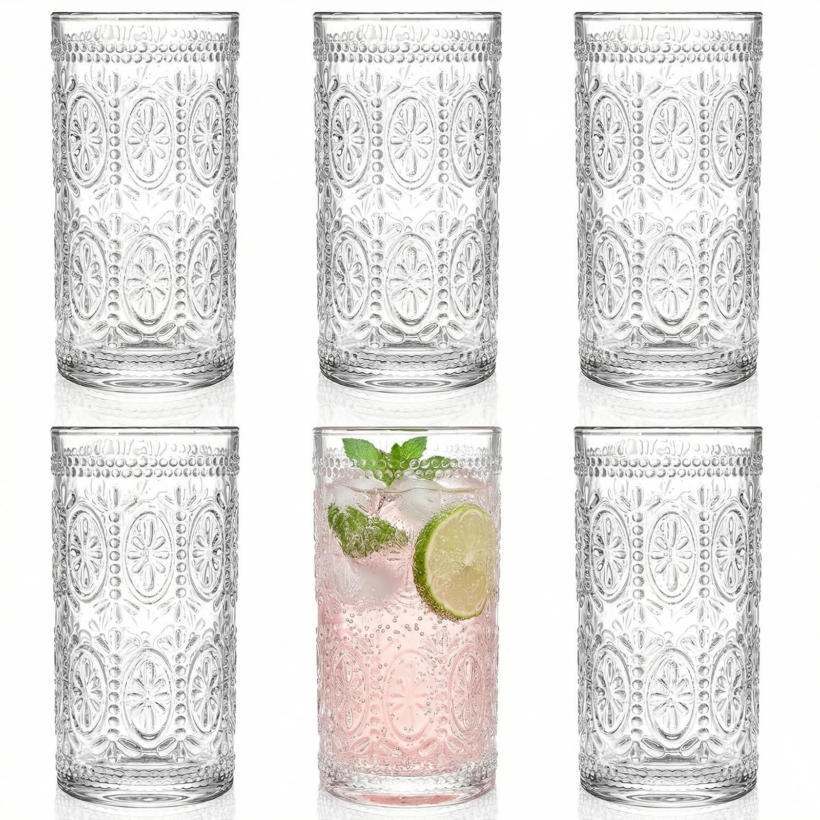 Bekith 6 Pack 360ml Romantic Water Glasses, Premium Drinking Glasses Tumblers for Beverages, Beer, Refreshments, Vintage Glassware Set for Dinner Parties, Bars, Restaurants