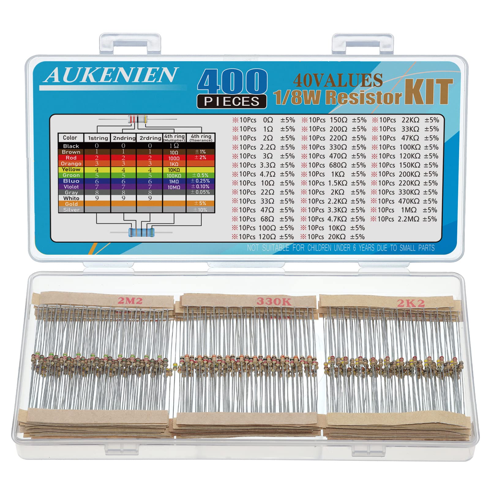 AUKENIEN 40 Values 1/8W Carbon Film Resistor Kit 0 Ohm - 2.2M Ohm 5% 1/8 Watt Resistors Assortment
