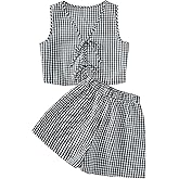 SOLY HUX Women's Summer 2 Piece Outfits Plaid Print Sleeveless Tie Front Tank Top Vest Shorts Beach Vacation Set
