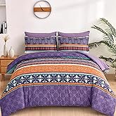 WONGS BEDDING Boho Comforter Set King Size,7 Pieces Bohemian Striped Bedding Comforter Set Bed in a Bag,Purple Paisley Floral Comfortet and Sheet Set,Soft Microfiber Bedding Sets for All Season