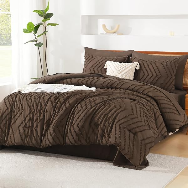 LITANIKA KING SIZE COMFORTER SET WITH SHEETS BROWN – 7 PIECES BED IN A BAG KING CHEVRON TUFTED COMPLETE BEDDING SETS WITH COMFORTER, SHEETS, PILLOWCASES & SHAMS
