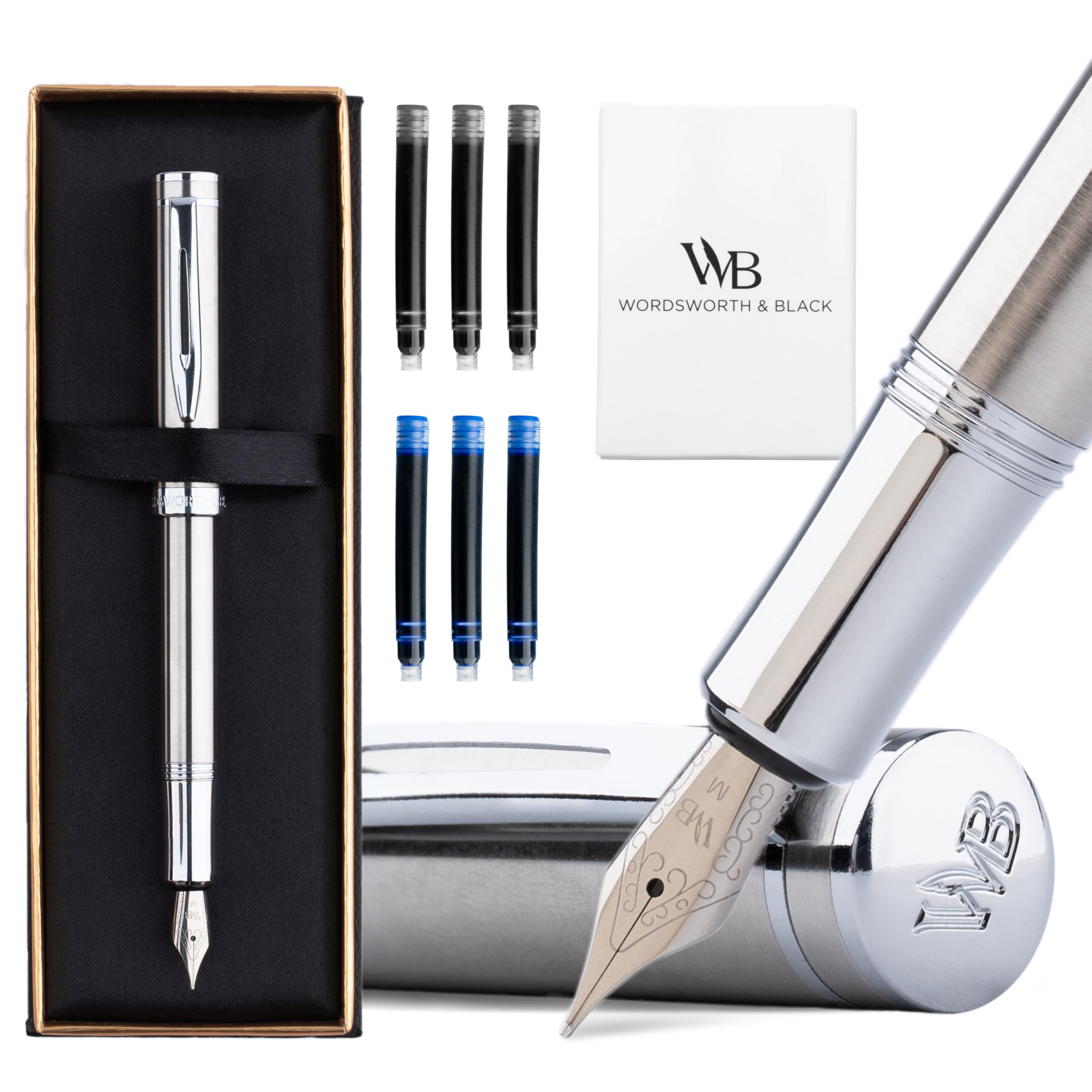 Wordsworth and Black Fountain Pen Mini EDC: Luxury Silver Heavy Pocket Pen, Chrome Finish, Medium Nib, 6 Ink Cartridges, Ink Converter, Travel Refillable Writing Pen Gift Set, Men & Women