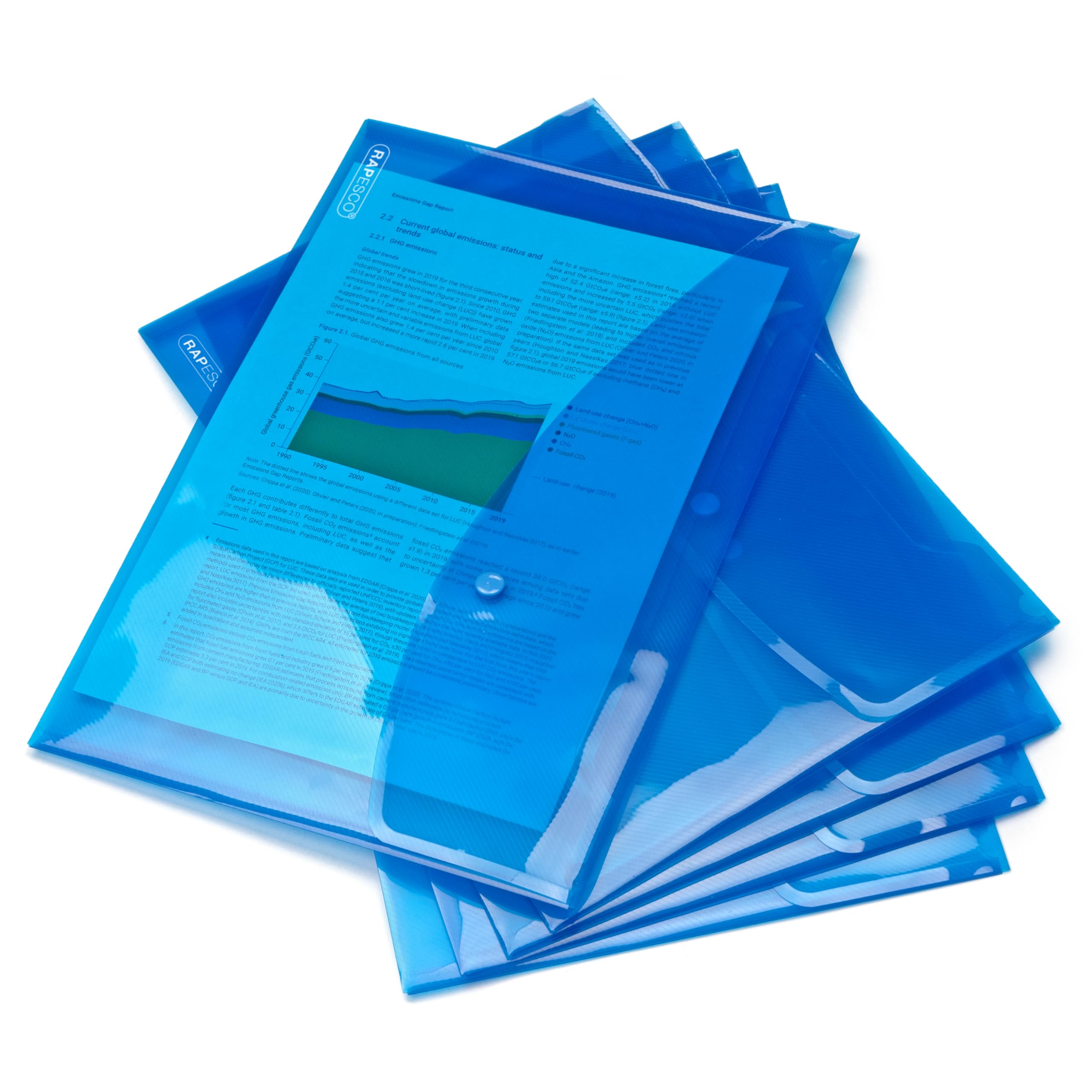 Rapesco 0687 ECO Recycled Popper Wallets, A4+, Bright Transparent Blue, Pack of 5
