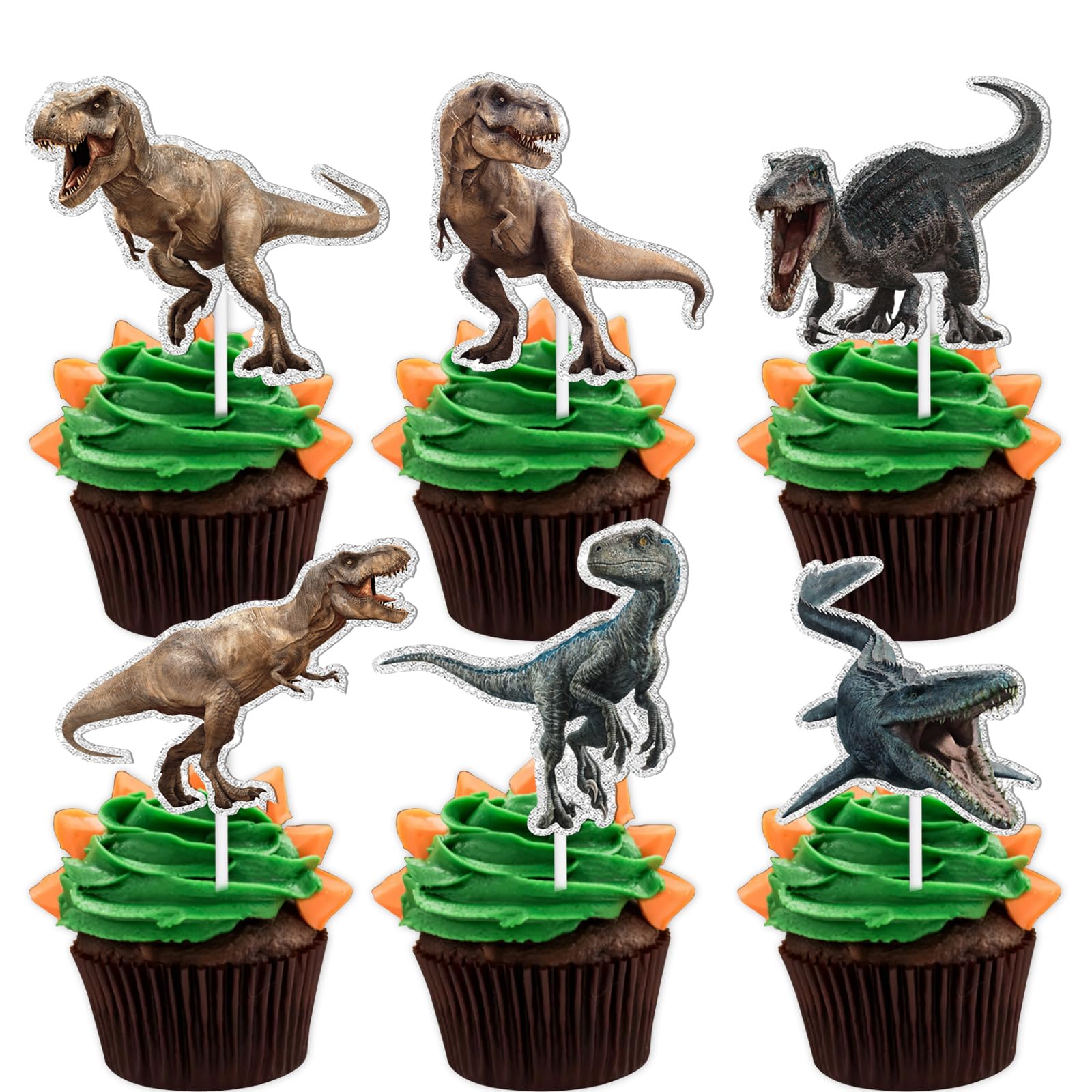 Photo 1 of 18pcs Glitter Dinosaur Dessert Cupcake Topper Baby Shower Theme Girls Boys Happy Birthday Party Decor Supplies Decorations