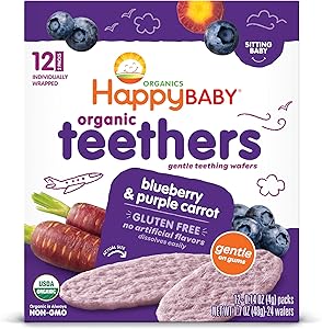 Happy Baby Gentle Teethers Organic Teething Wafers Blueberry Purple Carrot, 0.14 Ounce Packets (Box of 12) Soothing Rice Cook