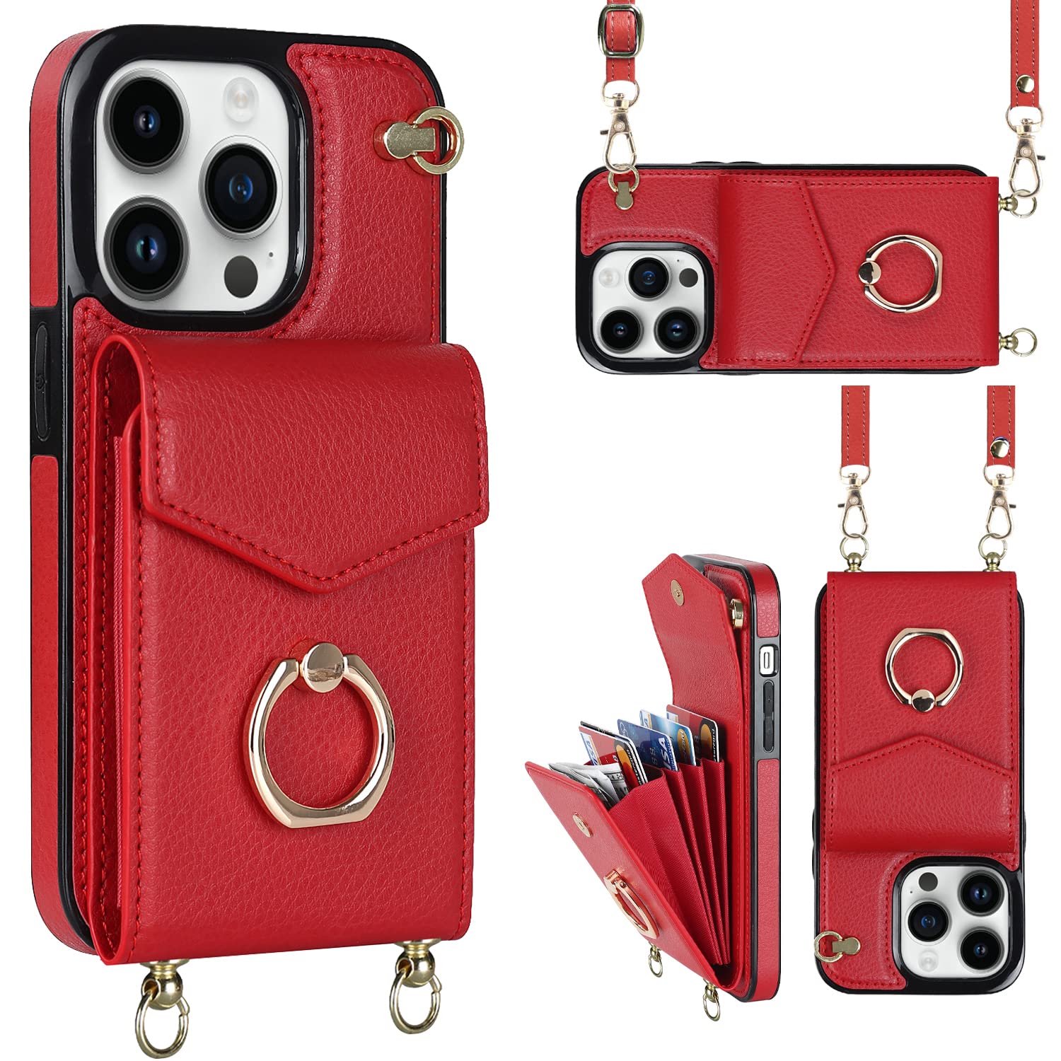 YYTVN for iPhone 14 Pro Max Case 6.7 inch, Minimalist Wallet Case with Ring Kickstand and Shoulder Strap, Shockproof Stylish Protective Cover for iPhone 14 Pro Max -Red