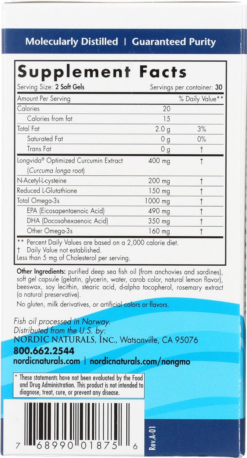 Nordic Naturals Omega Curcumin, Lemon - 60 Soft Gels - 1000 mg Omega-3 + 400 mg Optimized Curcumin - Combats Cellular Stress - Contains L-Glutathione & NAC - Non-GMO - 30 Servings: Health & Personal Care