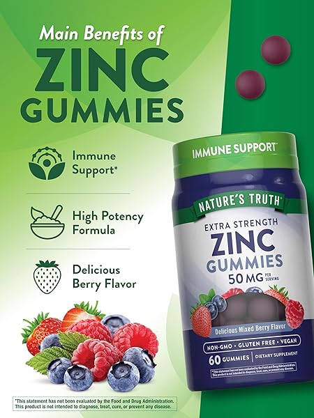 NATURE’S TRUTH ZINC GUMMIES FOR ADULTS | 50 MG | 60 COUNT | VEGAN, NON-GMO & GLUTEN FREE EXTRA STRENGTH SUPPLEMENT | MIXED BERRY FLAVOR