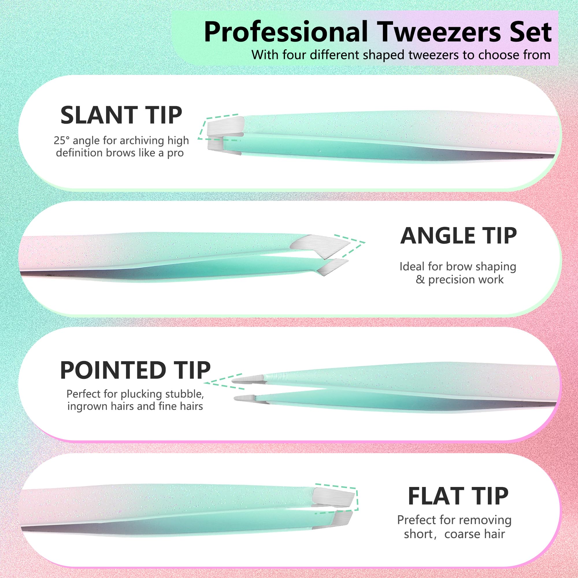 WangSelect Tweezers and 10X Magnifying Mirror Kit with Travel Leather Case, Eyebrow Tweezer Set for Women & Men, Great Precision for Facial Hair, Splinter and Ingrown Hair Removal - Starry Green