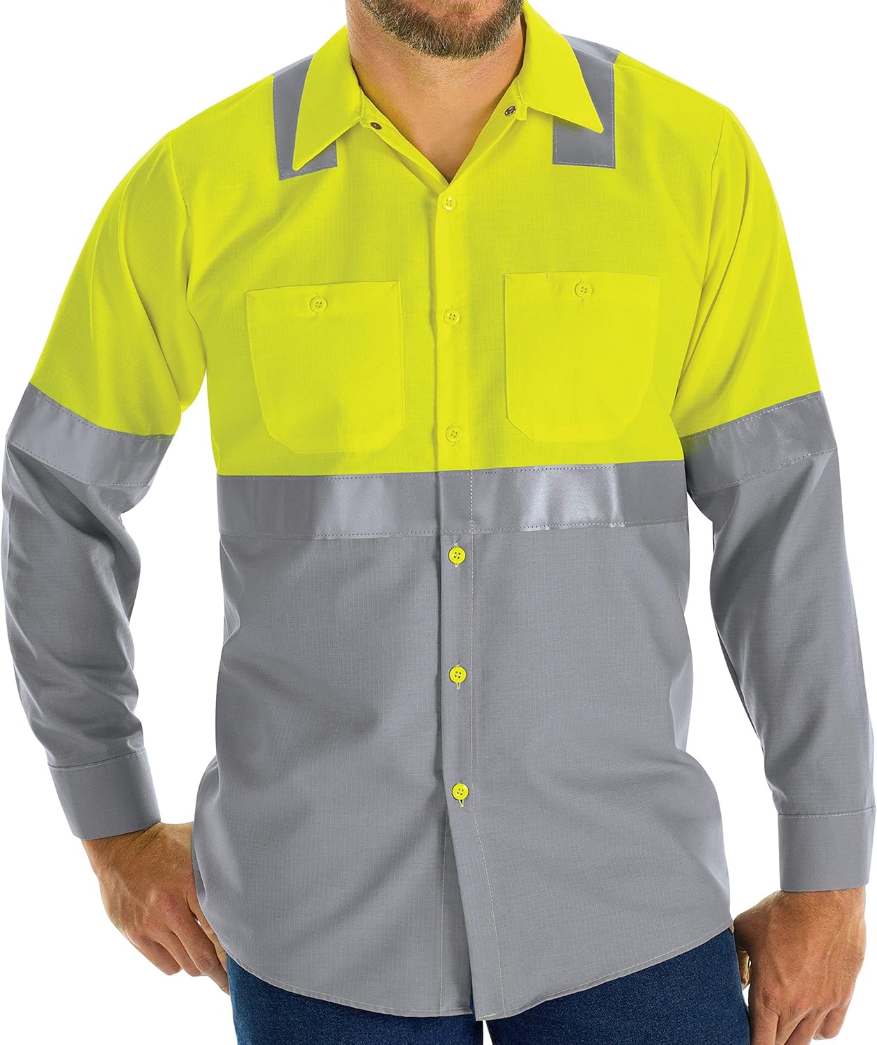 Red Kap Men's Hi-Visibility Long Sleeve Color Block Ripstop Work Shirt-Type R, Class 2: Clothing
