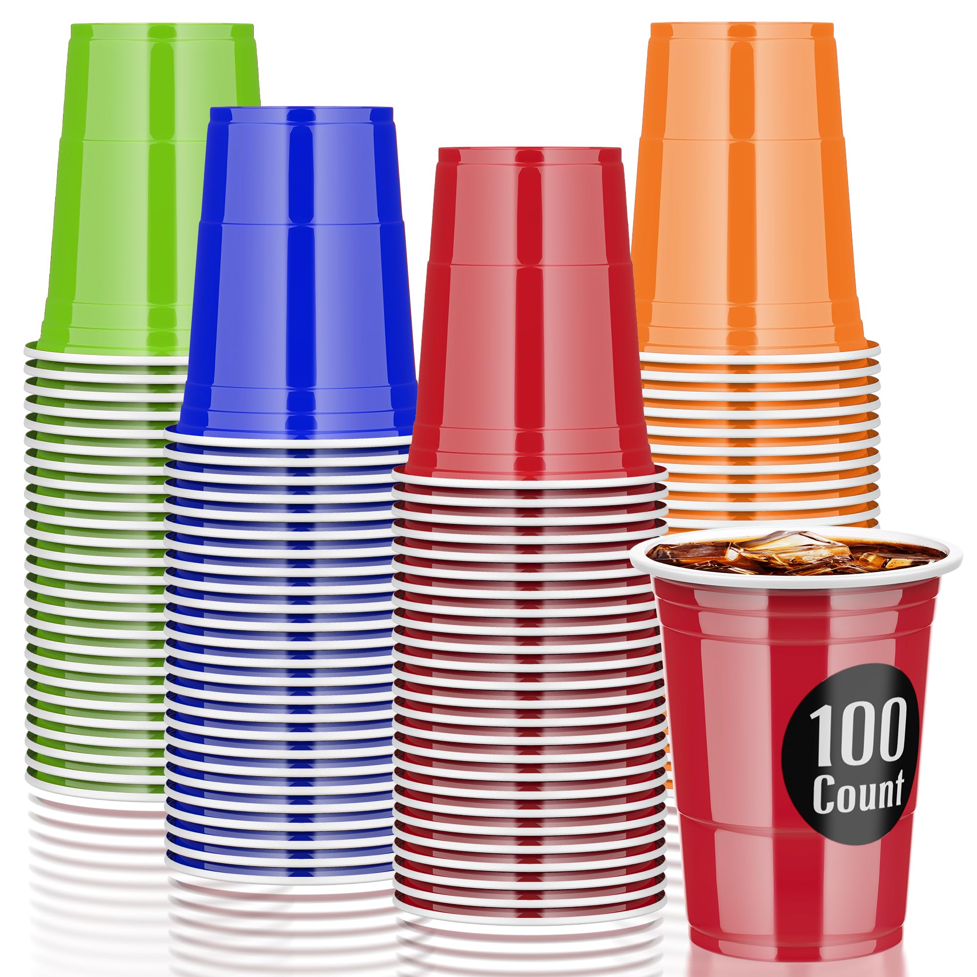 AOLUXLM Reusable Plastic Cups - 25 Red Cup + 25 Blue + 25 Green + 25 Orange + 10 PingPong Balls for Games, 100 Disposable Cups for Christmas, New Year's Eve, Wedding