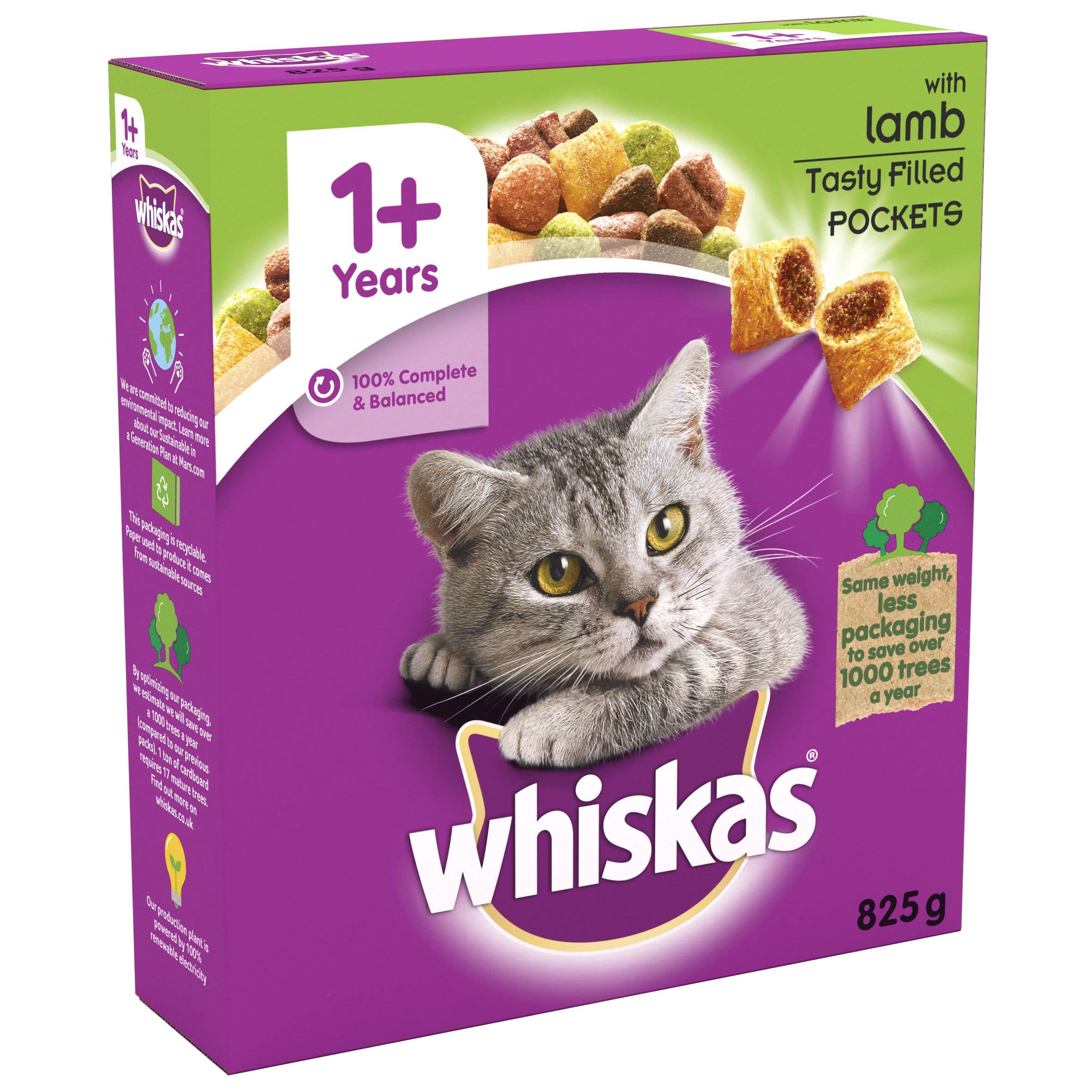 Whiskas Complete Dry Cat Food for Adult Cats Aged 1+ with Delicious Lamb, Pack of 5 (5 x 825 g)