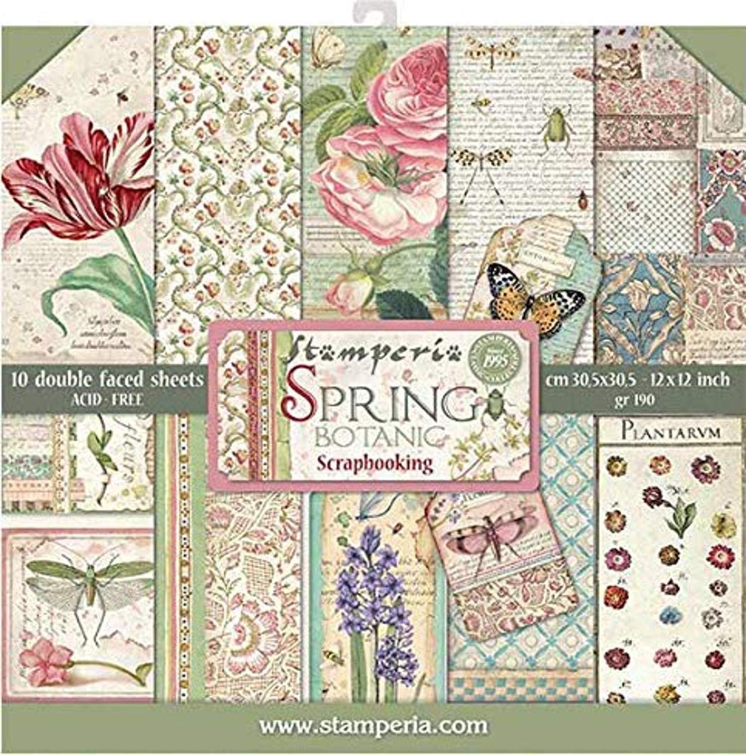 STAMPERIA Block 10 Sheets 30.5x30.5 (12"x12") Double Face Spring Botanic, SBBL50