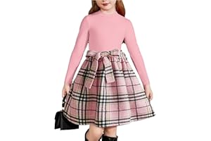 Arshiner Girls Dresses Long Sleeve Rib Knit Plaid Patchwork Belted Dress with Pockets
