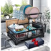 Godboat Dish Drying Rack, 2-Tier Dish Rack with Auto-Drain & Mat, Dish Racks for Kitchen Counter, Dish Drainer with Knife, Fork & Cup Rack, Gifts for Women, Mothers Day, Cool Stuff & Kitchen Gadgets