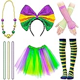 Ahzemepinyo 8 Pcs Mardi Gras Costume Accessories Set Include Tutu Skirt Bow Headband Mask Mardi Gras Beads Necklaces Gloves and Striped Knee Length Socks for Women Carnival Party Supplies
