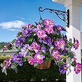 INXUGAO Artificial Flowers for Outdoors Indoors,3 Bunches Fake Hibiscus with Hanging Basket Realistic UV Resistant Silk Flower Leaves,Faux Plant for Outside Home Patio Garden Poch(Purple,Fuchsia)