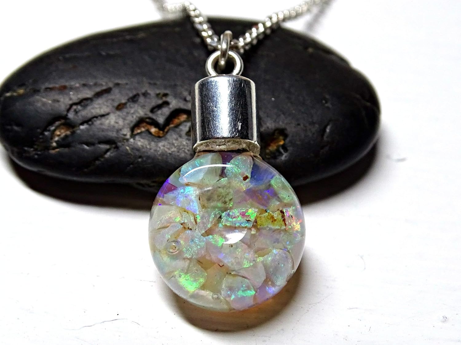 floating opal pendant, Australian opal pendant, glass flask