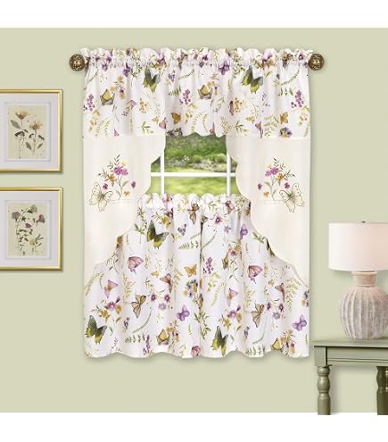 Purple & White Rose Swag Kitchen Curtain Set – Watercolor Flowers Valance & Tier Drapes For Windows (56x36 + 27.5x24)