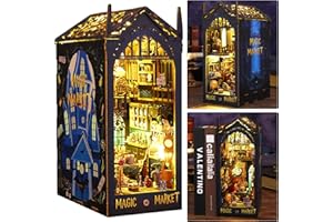 ISSEVE DIY Book Nook Miniature Kits for Adults, 3D Wooden Puzzle Dollhouse Miniature House Kit for Book Nook Shelf Insert Decor, Creative Assembled Bookends Bookshelf with Sensor Light (Magic Market)