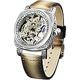 FORSINING Watches for Man, Square Retro Mechanical Watch Self-Wind Carved, Skeleton Automatic Watches Vintage Leather Strap Wristwatch