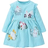 Hongshilian Little Girls Cotton Casual Dress Cartoon Appliques Fall Clothes Basic Jersey Long Sleeved Party Dresses