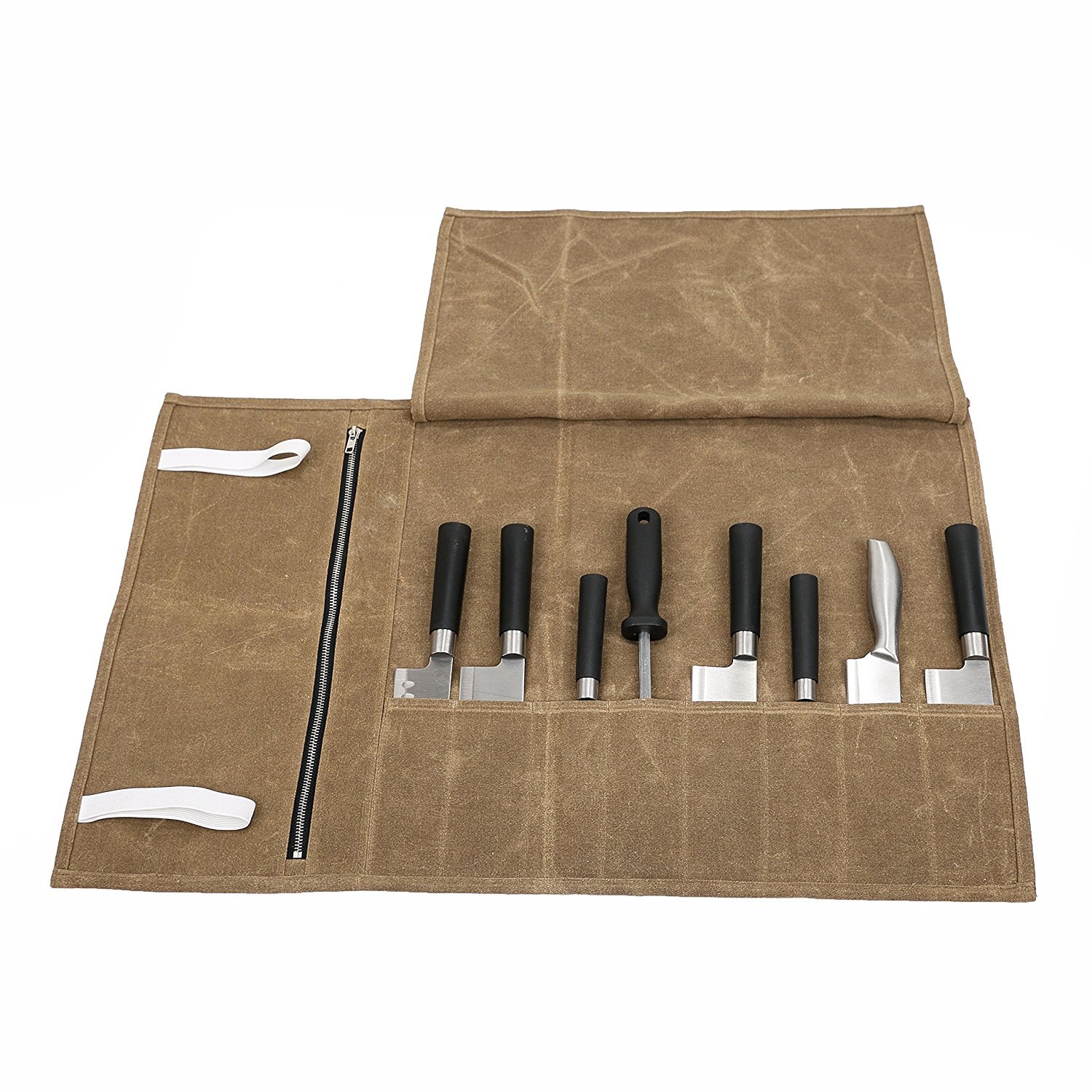 Waterproof Waxed Canvas Chef's Knife Roll Up Storage Bag with 8 Slots