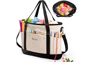 MYBAGZING Canvas Yarn Storage Organizer Bag – Crochet Bag with Pockets for Yarn, Hooks, Needles – Travel Knitting Tote for Crafters – Gift for Crocheters & Knitters (Medium/Large)