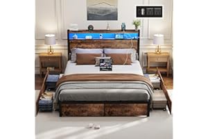 SADENICEL Full Size Bed Frame with Storage, LED Wood Bed Platform with Headboard, 4 Drawers, Charging Station, No Box Spring Needed, Metal Support Base, Vintage Brown