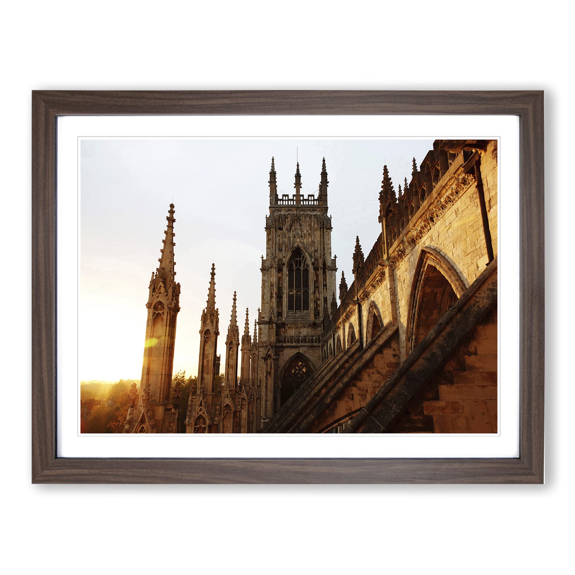 York Minster Sunset Modern Framed Wall Art Print, Ready to Hang Picture for Living Room Bedroom Home Office Décor, Walnut A3 (46 x 34 cm)