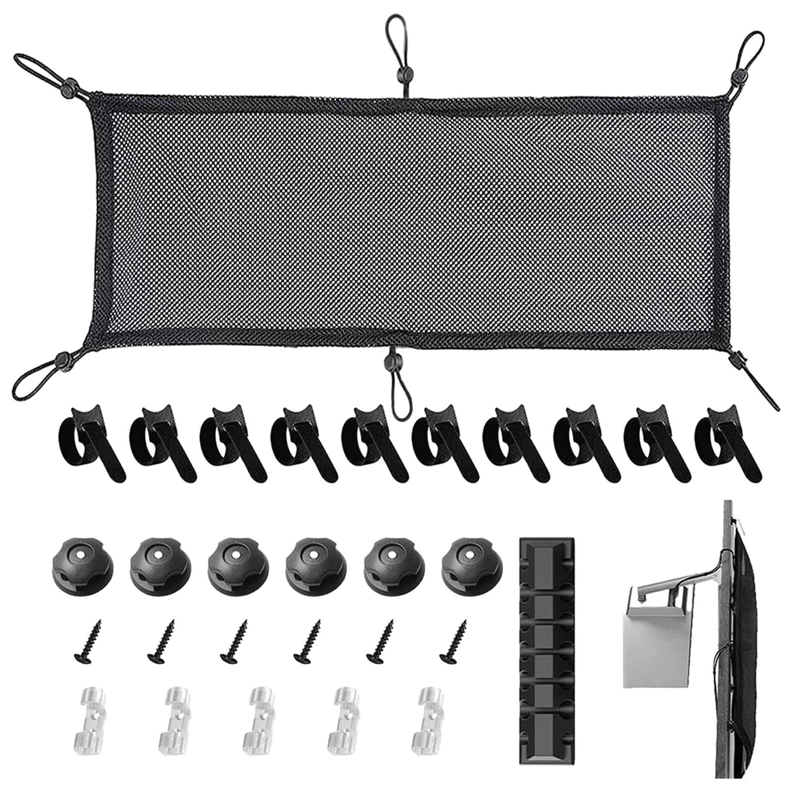 Under Desk Cable Tray, 50x25cm Cable Management Net Desk Cable Tidy with 6 Screws 11 Buckles 10 Acrylic White Film Adhesives 10 Magic Stickers 1 Cable Manager(black)