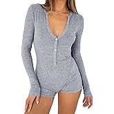 INFITTY Women Long Sleeve V Neck Rompers Ribbed Button Down Yoga Rompers Sexy Pajama Unitard Outfit