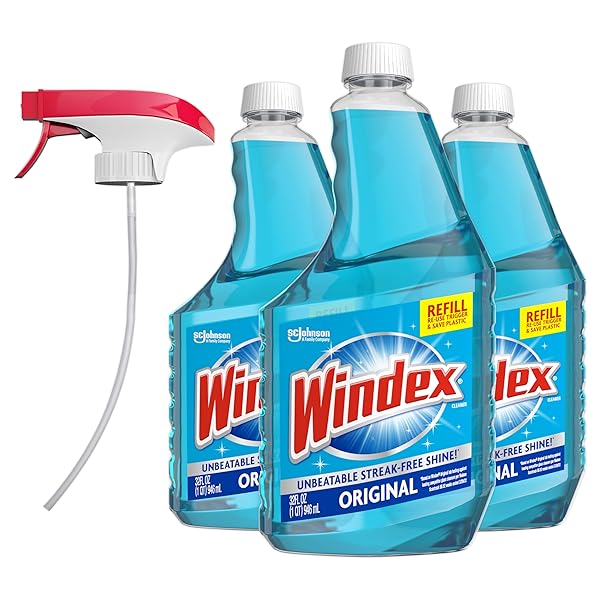 WINDEX REFILL ORIGINAL BLUE GLASS AND WINDOW CLEANER BOTTLES + 1 REUSABLE SPRAY TRIGGER, SURFACE CLEANING SPRAY, ORIGINAL BLUE SCENT, 32 FL OZ (PACK OF 3)
