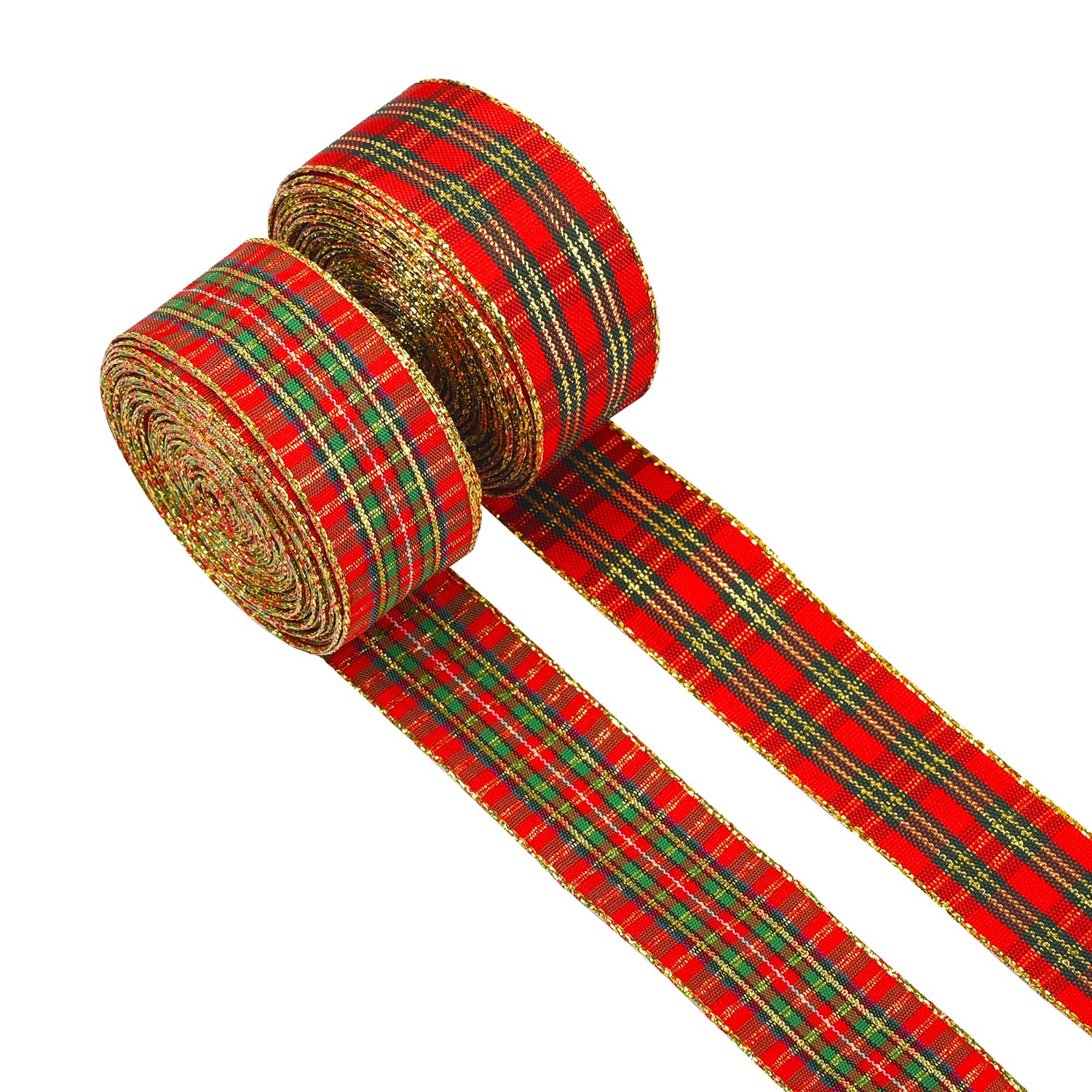 MFUOE 2 Rolls Christmas Wired Edge Tartan Ribbons 12 Yards Red Green Plaid Ribbon for Christmas Decoration DIY Crafts Gift Wrapping Bows Decorations