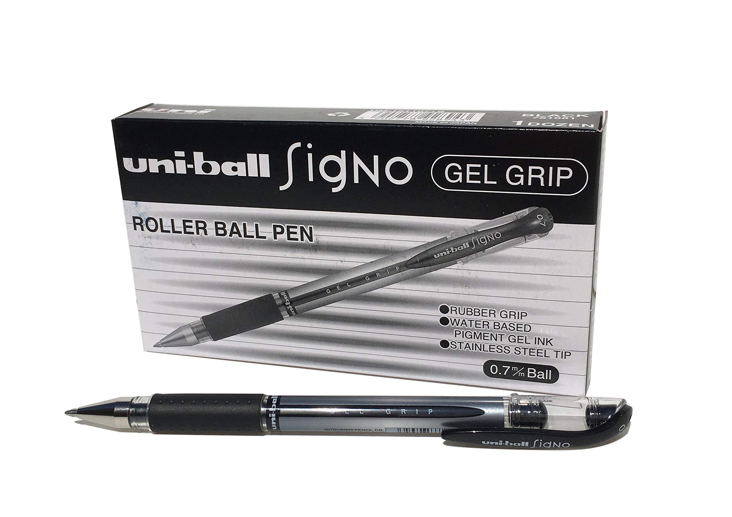 uni-ball - Signo Gel Grip, Fine Nib, Black Ink, Rollerball Gel Pens (12pc Set) - Smooth, Comfortable, Long Lasting, Japanese Quality, for School, Work, Office, Study, Teacher, Notes, Journal, Gift