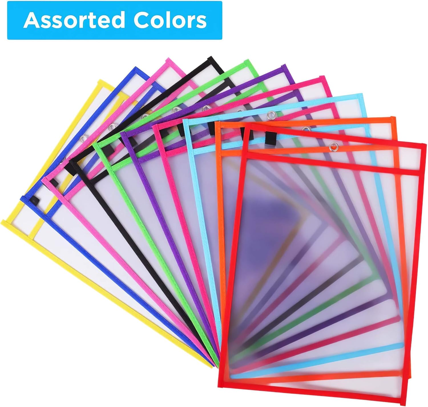 Puroma 35 Pack Dry-Erase Pockets Reusable Plastic Sleeves Assorted Colors Waterproof Pocket with 2 Rings for Classroom, School, Office, Home : Office Products